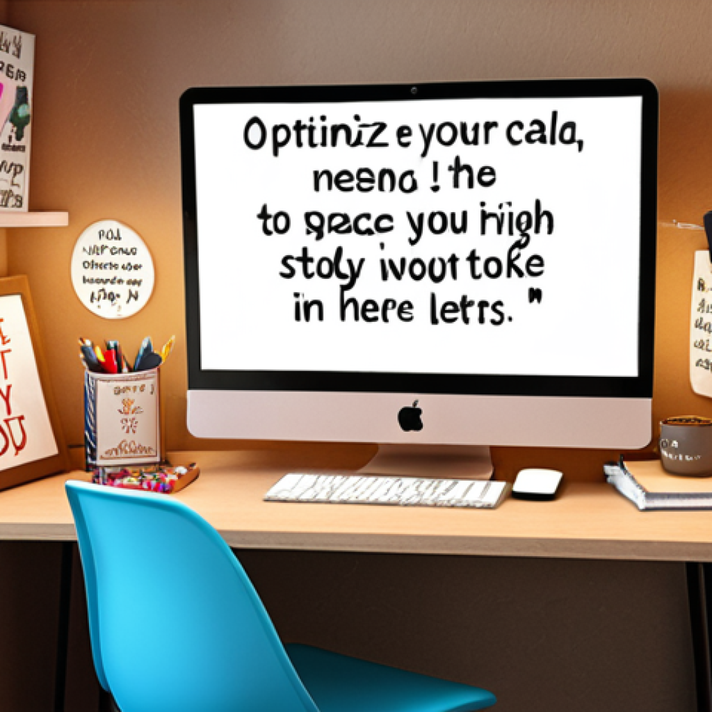 **A cozy and personalized study space. Bright lighting, a comfortable chair, and a tidy desk decorated with motivational quotes and goals written on a notebook. Digital tools like a laptop or tablet are also present.** (This image represents the "Optimize Your Study Area" section.)