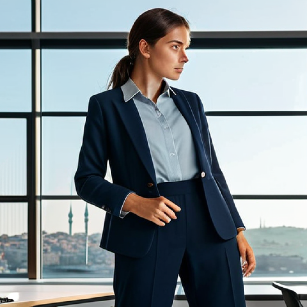 **

A professional architect, fully clothed in a stylish but modest business casual outfit (think smart trousers, a button-down shirt, and a blazer), standing in a modern office overlooking Istanbul. Sunlight streams through the large windows. Perfect anatomy, correct proportions, natural pose, well-formed hands, proper finger count, natural body proportions.  Safe for work, appropriate content, fully clothed, professional. High quality, detailed textures, realistic lighting.

**