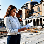 **

A professional architect, fully clothed in a stylish yet modest outfit (perhaps dark trousers, a tailored blouse, and a light jacket), reviewing blueprints on a construction site in Istanbul. The Hagia Sophia is visible in the background. Perfect anatomy, correct proportions, natural pose, professional attire, safe for work, appropriate content, professional, family-friendly.

**