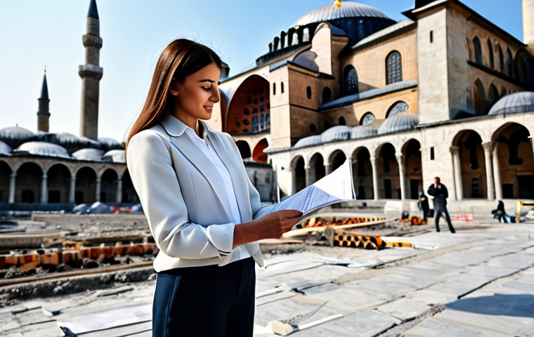**

A professional architect, fully clothed in a stylish yet modest outfit (perhaps dark trousers, a tailored blouse, and a light jacket), reviewing blueprints on a construction site in Istanbul. The Hagia Sophia is visible in the background. Perfect anatomy, correct proportions, natural pose, professional attire, safe for work, appropriate content, professional, family-friendly.

**